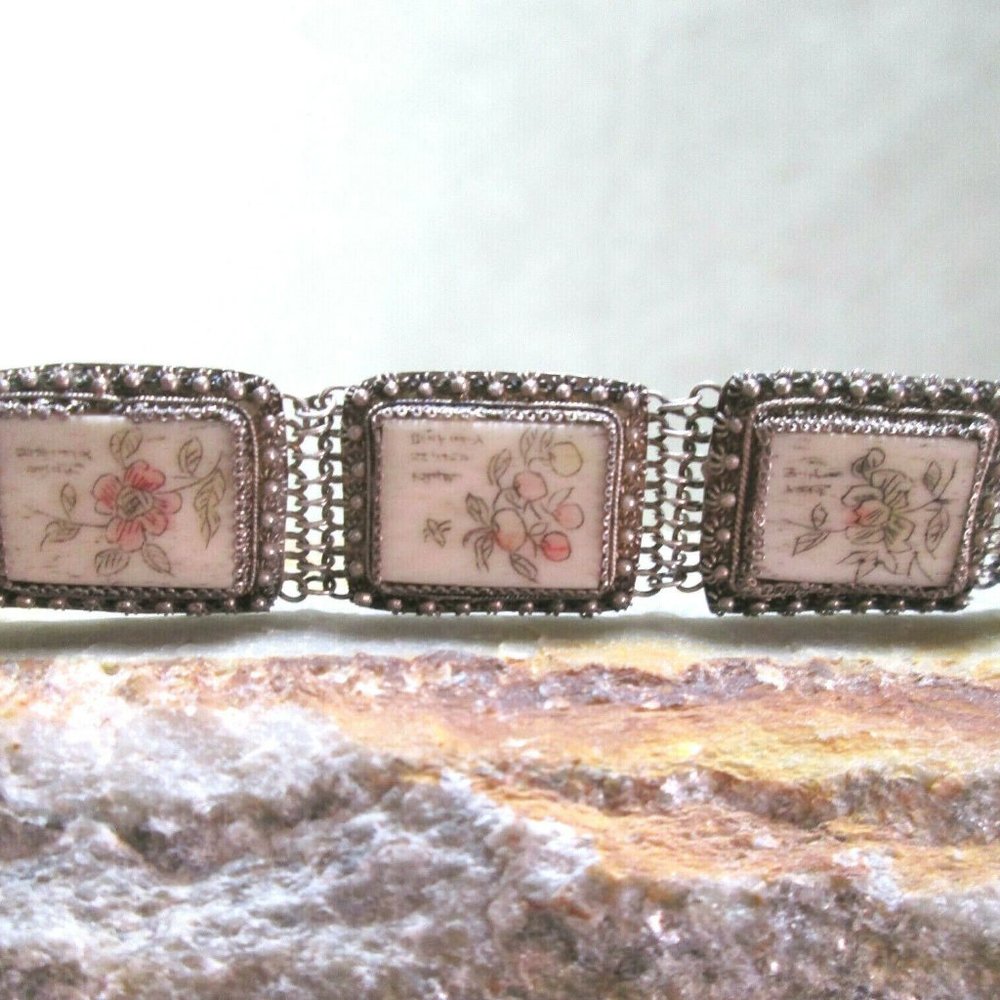 Japanese Silver Cuff Bracelet Flowers Kanji Poetry